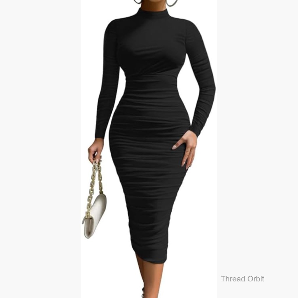 Long Sleeve Mock Neck Mesh Ruched Bodycon Midi Party Dress